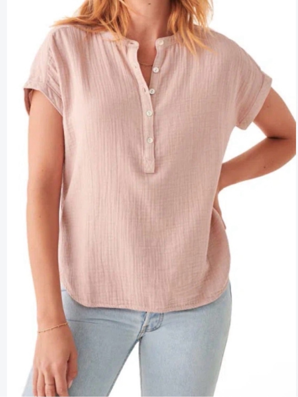 Faherty Women’s Large Organic Dream Cotton Desmond Gauze Top Henley Pink/Peach